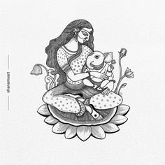 a drawing of a woman sitting on top of a flower with a baby in her lap