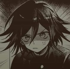 an anime character with long black hair and glasses, staring at the camera while standing in front of a dark background