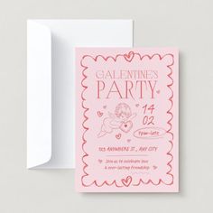 a pink and red party card with the words valentine's party on it