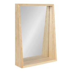 a wooden mirror with a shelf on the bottom and one side open to show it's reflection