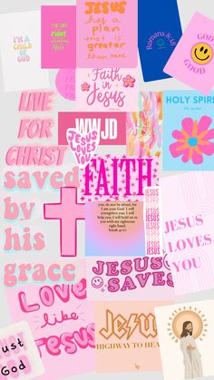 pink and blue collage with the words faith, jesus loves you in different languages