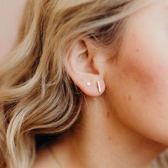 Mini Line Stitch Post Earrings — Favor Jewelry 2 Ear Piercings Ideas Simple Stud, Minimal Ear Piercings Simple, Cute Double Piercing Earrings, 2nd Ear Piercing Ideas, Earrings 2 Holes, Double Piercing Earrings Ideas, Double Lobe Piercing Ideas, 2 Lobe Piercings, 2nd Piercing