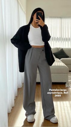 Work Fits, 15 % Off, Gray Pants, Pantalon Large, Style Aesthetic, Oversized Blazer, Office Outfits, Work Outfits, Work Outfit