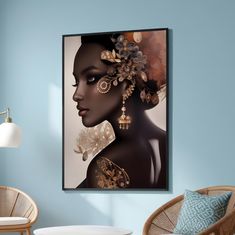 a woman's face with gold jewelry hanging on a blue wall next to a wicker chair