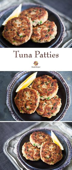 two pictures of tuna patties with lemon wedges