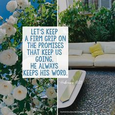 a white couch sitting next to a tree with flowers on it and a quote written in blue