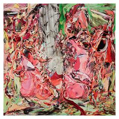 an abstract painting with pink, green and red colors on it's face next to a tree