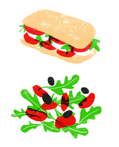 a sandwich with lettuce and tomatoes on it, next to an illustration of red peppers