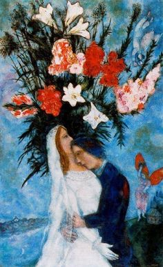 a painting of a bride and groom with flowers in their hair