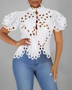 Socialite Style, Stand Collar Shirt, African Shirts, Collars For Women, Elegant Shirt, Women Shirts Blouse, Lace Shirt, Puff Sleeve Top, Fashion Pattern