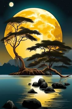 a full moon over the water with rocks and trees