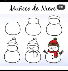 how to draw a snowman with four different shapes and colors, including the hat