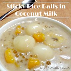 three boiled eggs sit in a bowl of coconut milk with text overlay that reads sticky rice balls in coconut milk