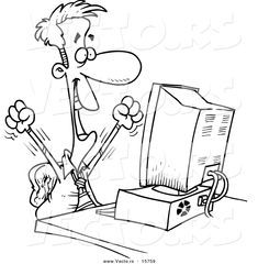 a black and white cartoon man opening a computer box with his feet in the air