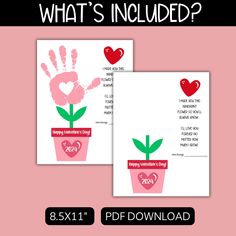 two valentine's day cards with handprints on them and the text, what's included?