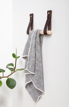 a towel hanging on a hook next to a potted plant and a white wall