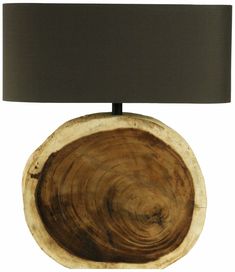 a wooden table lamp with a black shade on it's base and a white background