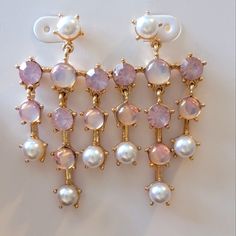 New These Are So Beautiful They Are A Chandelier Style Drop Earring Stud Style For Pierced Ears Gold Tone Faux Pearl Faux Opal Or Moonstone/ Opalite Iridescent Blush Pink Rhinestone Pink Feminine Dangle Pearl Earrings, Feminine Pink Pearl Earrings For Party, Glamorous Pink Dangle Jewelry, Pink Pearl Drop Chandelier Earrings, Pink Pearl Drop Dangle Earrings, Pink Dangle Chandelier Earrings For Pierced Ears, Pink Dangle Pearl Earrings, Pink Pearl Earrings For Party, Pink Pearl Jewelry For Party