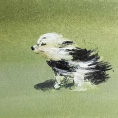 a painting of a dog sitting in the grass