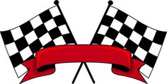 two crossed checkered flags with a red ribbon