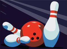 a bowling ball crashing into the pins in front of a bowling pin on a dark background