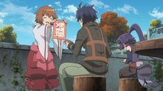 two people sitting on wooden posts in front of an anime character and another person standing next to them