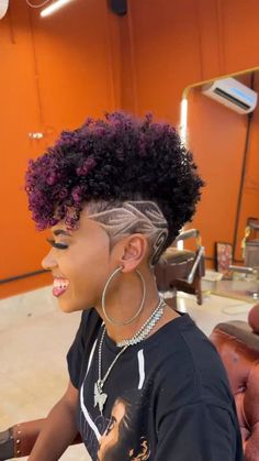 Black Women With Curly Hair, Mohawk Hairstyles For Black Women, Purple Short Hair, Grad Hairstyles, Women With Curly Hair, Colors For Black Women, Short Shaved Hairstyles, Shaved Hair Designs