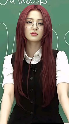 a woman with long red hair and glasses in front of a chalkboard that says outcasts