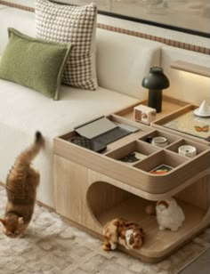 a cat is standing near a coffee table that has compartments for books and magazines on it