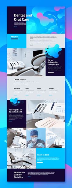 the website design for dental and oral care is shown in blue, purple and white colors