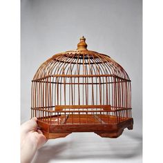 a hand holding a wooden bird cage