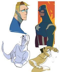 three different poses of captain america, one with his head tilted to the side and another with his hand on his hip