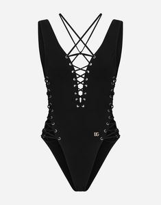 One-piece swimsuit with lacing and eyelets: Black Plunging neckline with crossover laces DG logo in nickel-free metal on the front Matching PVC pouch Made in Italy Dg Logo, Black One Piece Swimsuit, Versace Outfit, Costume Intero, Black Swimwear, Dolce E Gabbana, Back Women, Black Swimsuit, Dolce & Gabbana