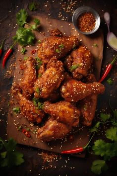 chicken wings with sesame seeds and seasoning on a cutting board next to some red peppers