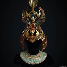 an egyptian mask with gold and blue designs on it's face, against a black background