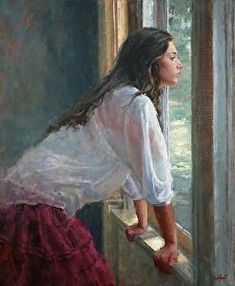 a painting of a woman looking out the window