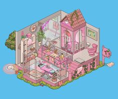 a pink house with lots of rooms and furniture on top of a blue floor plan