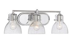 three light bathroom fixture in chrome finish with clear glass shades on the bottom and sides