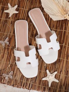 All Time Bestseller Women's White Blanc Iconic "H" Cut-Out O'lan Replica Flat Sandal: Enhanced Comfort, Timeless Style, Most Popular Slide,Over 50k Sold. White Elegant,Fashionable    Plain    Women Shoes, size features are:Bust: ,Length: ,Sleeve Length: White Sandals Flat, White Slides Sandals, White Flat Shoes, Women Flat Sandals, Pretty Sandals, White Flat, Trending Sandals, Popular Shoes, White Shoes Women