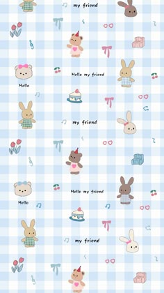 a blue and white checkered wallpaper with many different animals on it's side