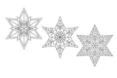 three snowflakes are shown in black and white, one has an intricate design