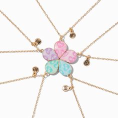 Celebrate friendship by sharing this flower pendant best friends necklace set. Each gold-tone chain necklace includes a petal of the flower plus a little "BFF" charm. Keep one necklace for yourself and share the other four with your besties so that you will always stay connected.Pack Size: 5Finish: Gold-toneLength: 16 + 3 in. extender / 40.64 + 7.62 cm. extender Closure: Lobster claspMaterial: Metal - Claire's Best Friends Glitter Flower Pendant Necklaces - 5 Pack 3 Bff Bracelets, Personalized Flower Jewelry For Friendship, Personalized Flower Shaped Friendship Jewelry, Personalized Flower-shaped Jewelry For Friendship, Personalized Flower-shaped Friendship Jewelry, Cute Jewelry With Flower Charm For Mother's Day, Cute Gold Friendship Necklace, Adjustable Charm Necklaces For Mother's Day And Friendship, Mother's Day Friendship Charm Necklace