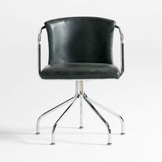 an office chair with chrome legs and black leather upholstered seat, viewed from the front