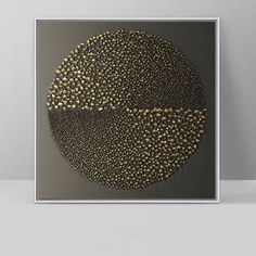 an abstract painting with gold dots on a gray background, in the shape of a circle