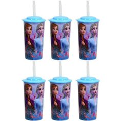 six frozen princess cups with straws in them