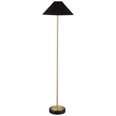 a black and gold floor lamp on a white background with a black shade over it