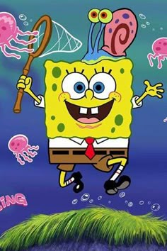 the spongebob is jumping in the air with a fishing rod and some jellyfish