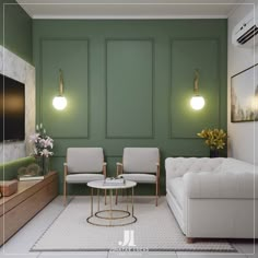 a living room with green walls and white furniture