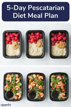 five meal preps with the words 5 - day pescatarian diet meal plan