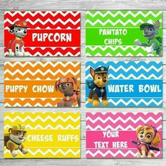 paw patrol water bottle labels with the names of each character and their respective characters on them